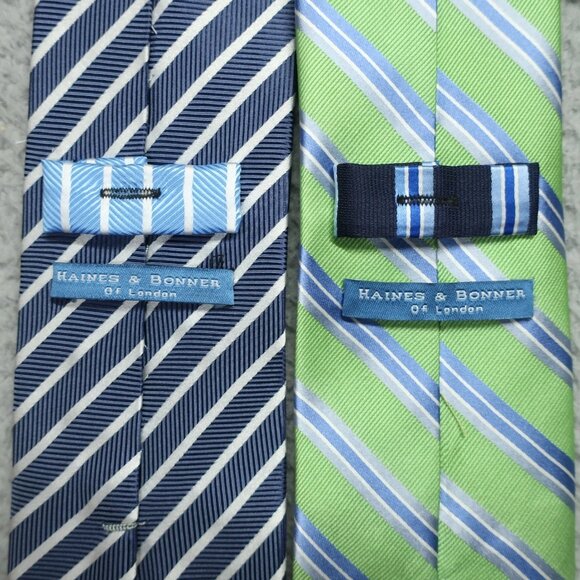 Two Haines & Bonner Ties Men Blue Silver Green Hand Made 100% Silk 60" x 3.25" - Picture 7 of 9
